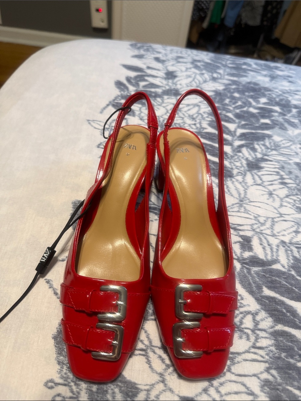 Zara Red Patent Slingback Pumps with Silver Buckle Detail